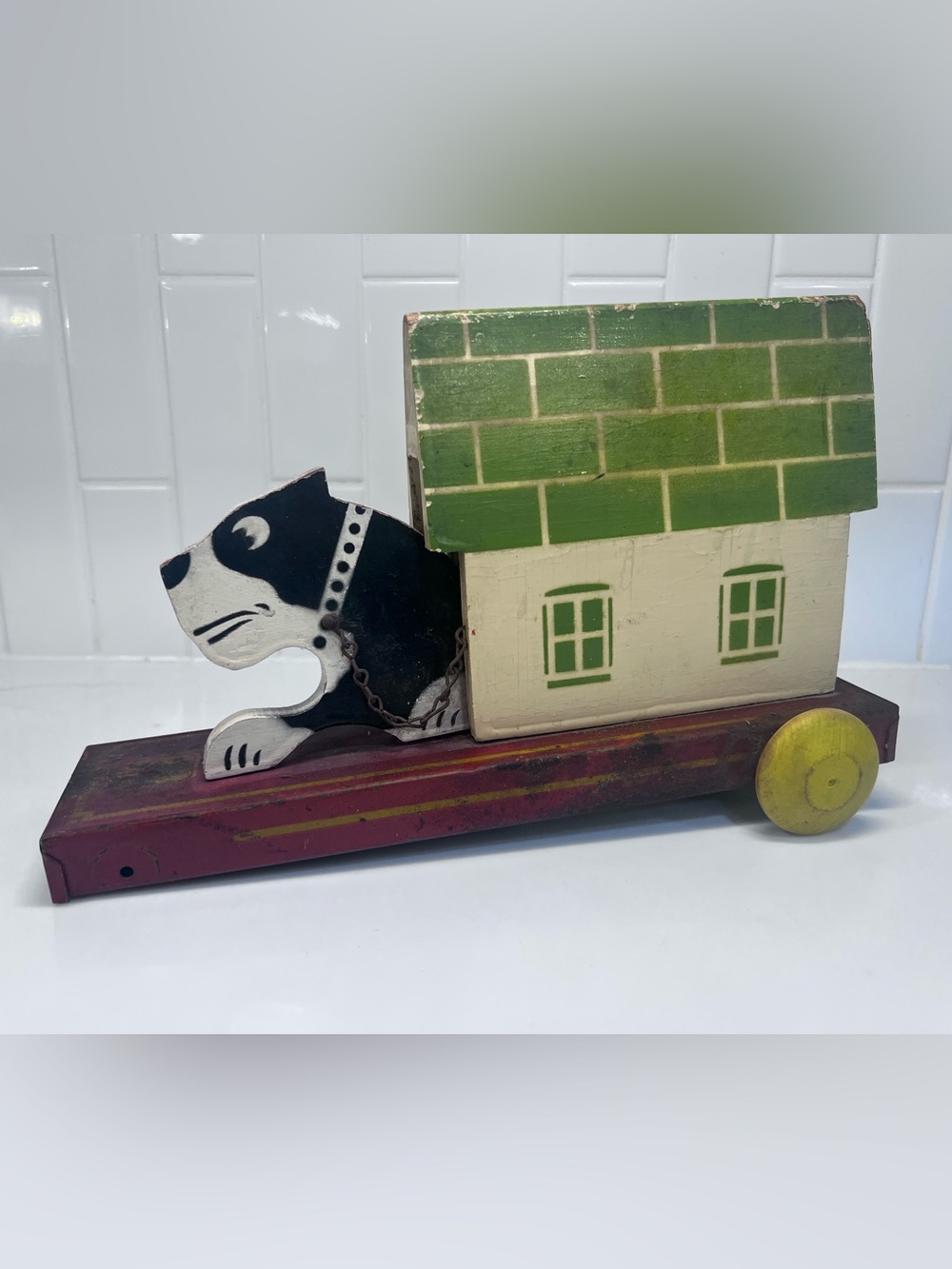 Vintage Wooden Toy Moving Dog from Doghouse When Pulled